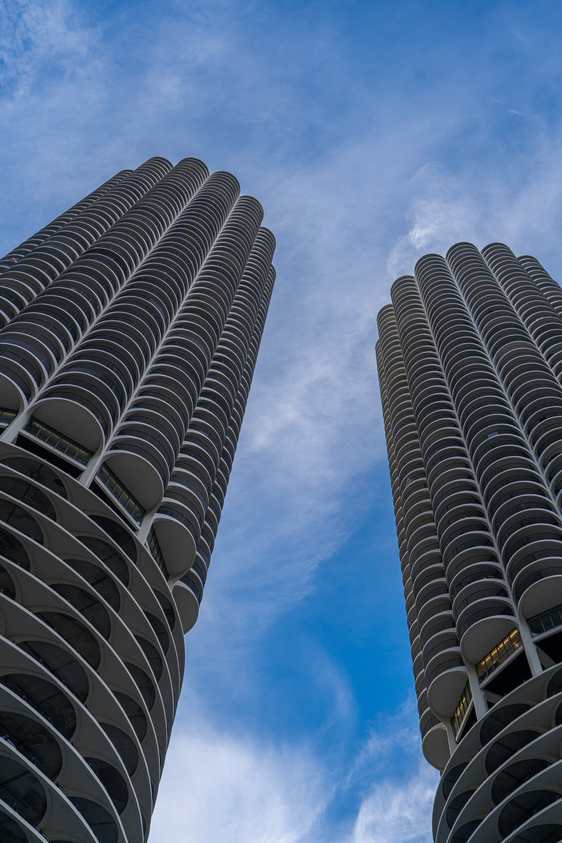 Looking up at the twin corncob towers of Marina City